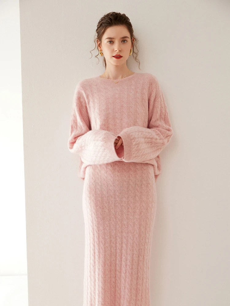 Women 100% Cashmere Sweater Skirt Set Cable Knitting O-neck Pullover Cashmere Knitted Skirt Autumn Winter Grace Style Luxury