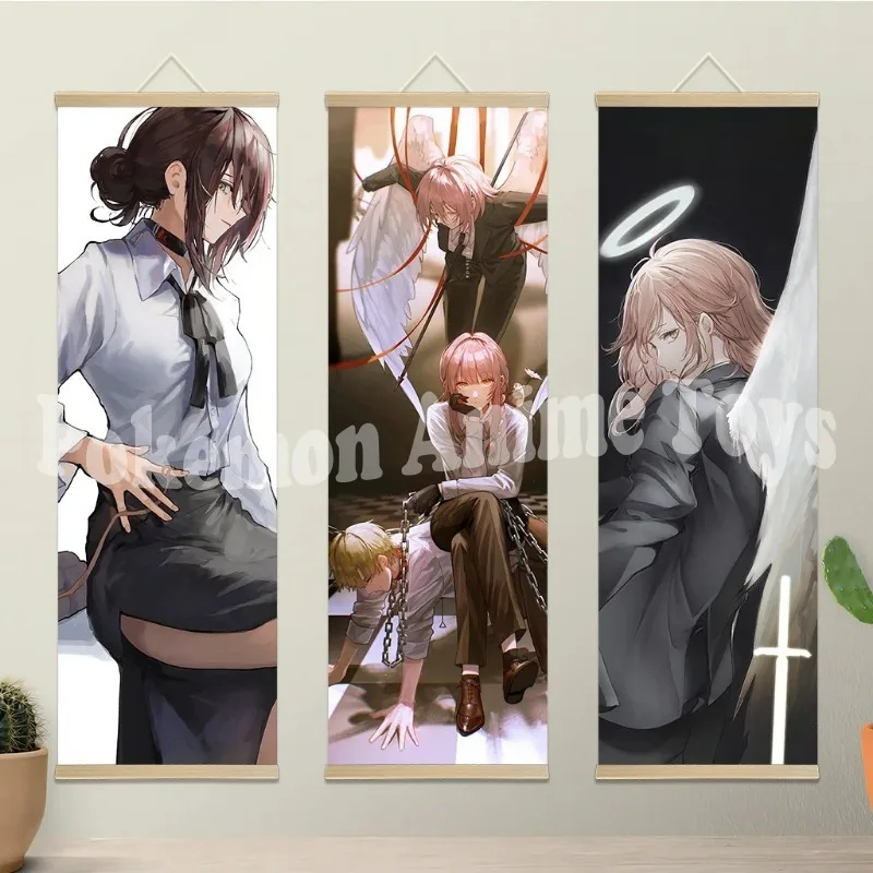 Chainsaw Man Anime Poster Wooden-framed Scroll Painting HD Quality Wall Art Retro Posters for Home Room Wall Decor