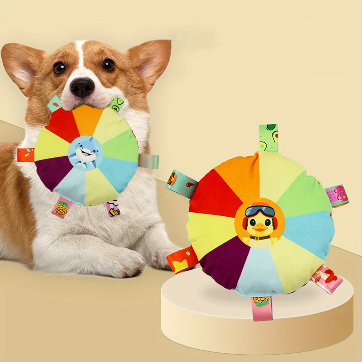 Cartoon Patterned Plush Flying Disk Toy with Sounding Bell for Dogs,Interactive Training and Dental Health Chew Toy pet supplies