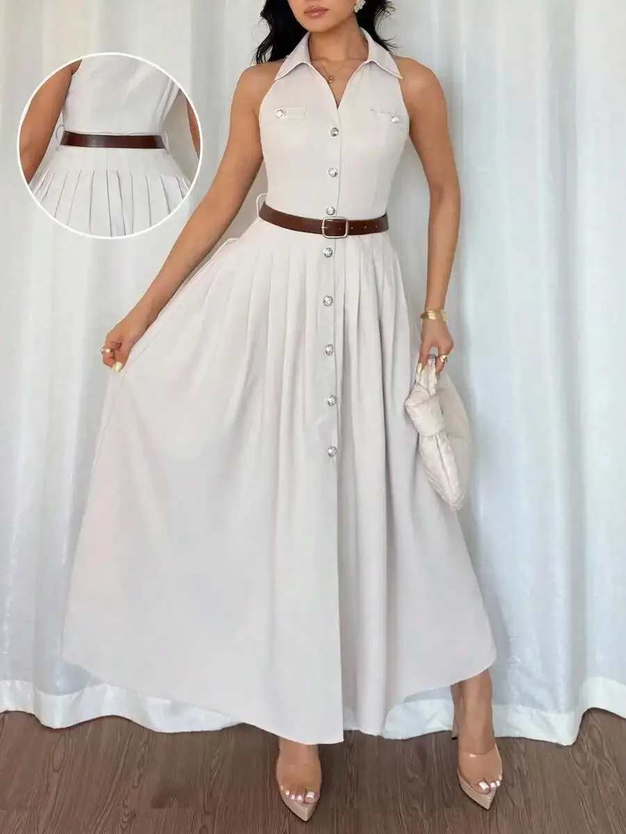 

Women Sleeveless Button Down Shirt Dress With Belt A-Line Midi Summer Dress