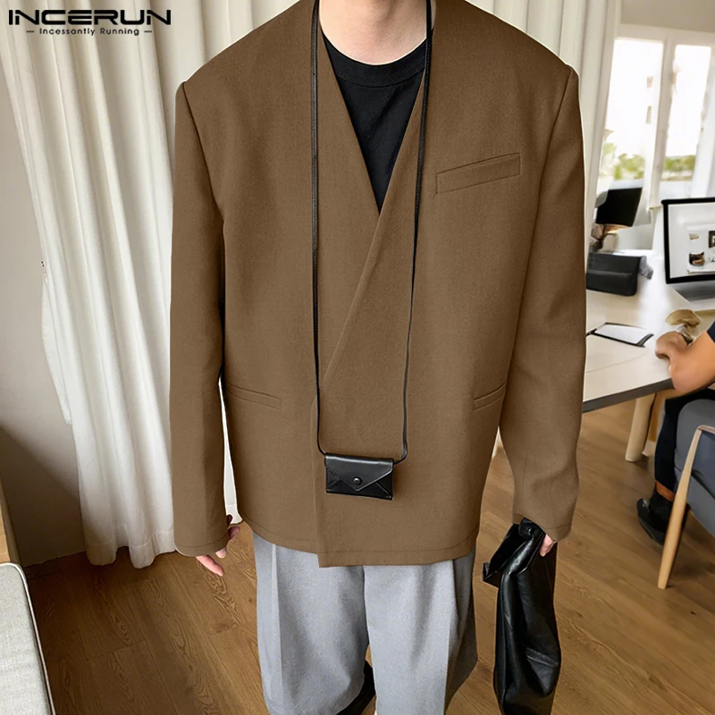 INCERUN Männer Blazer Einfarbig V-ausschnitt Langarm Mode Lässig Anzug Männer Streetwear Lose Koreanischen Stil Freizeit Männlich Dünne Mäntel