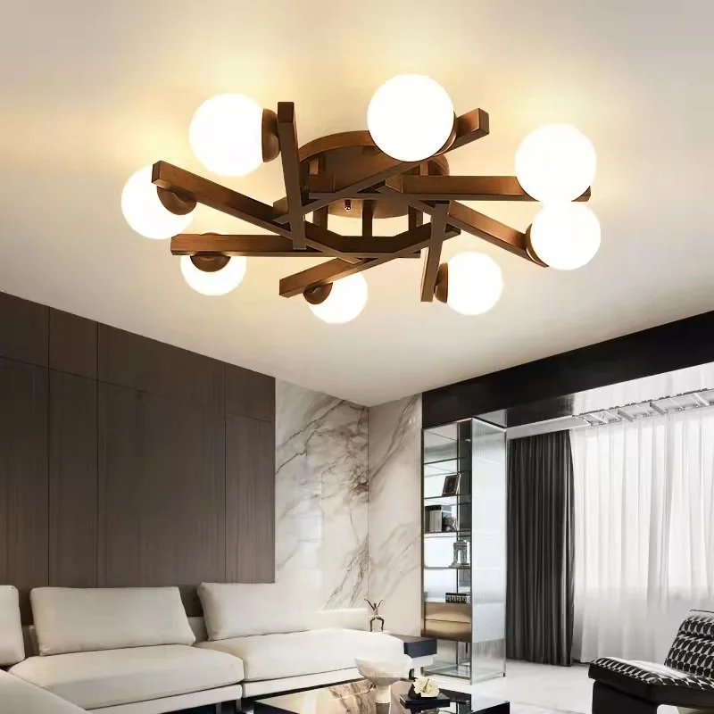 Modern Nordic Style LED Chandelier For Living Room Bedroom Dining Room Kitchen Bar Ceiling Lamp Wood Glass Ball E27 Light