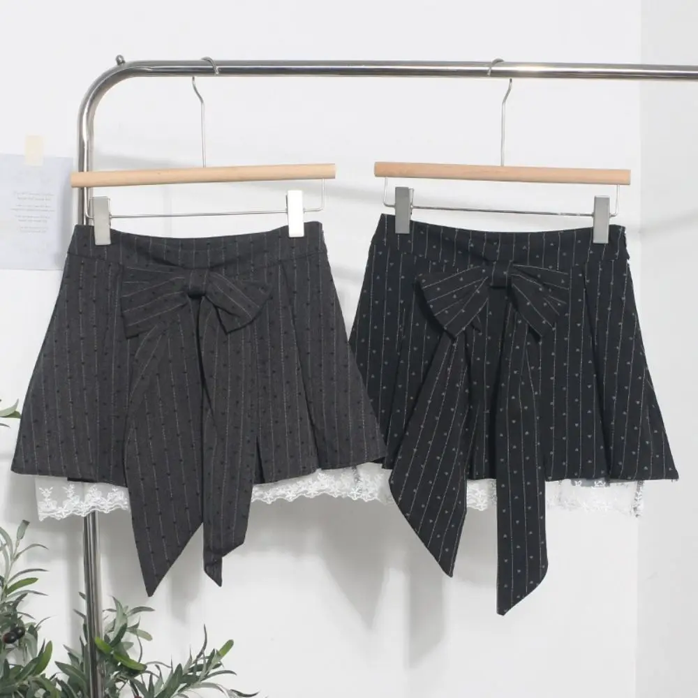 

Cute Heart Lace Pleated Skirt Dots Large Bow Short Skirt Women Sweet High Waist A-Line Mini Skirt Party