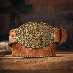 Men & Women-Western-Cowboy-PU Leather-Belts - Vintage horse Belt Floral Engraved Buckle Belt for Jeans