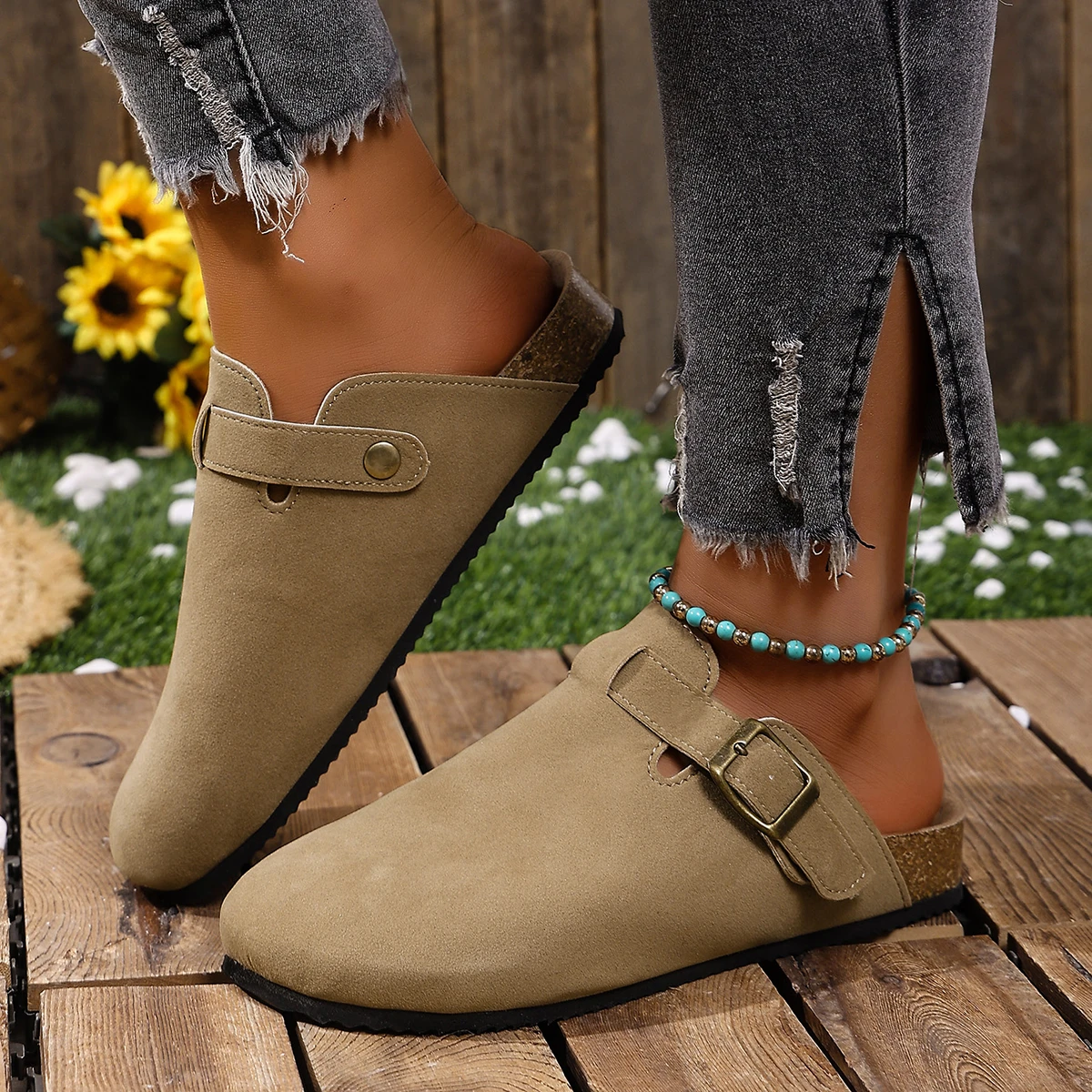 Korkfußbett-Clogs für Damen und Herren, modische Leder-Mules, bequeme Potato-Schuhe mit Fußgewölbestütze, flache Slides für drinnen und draußen – Detail 4