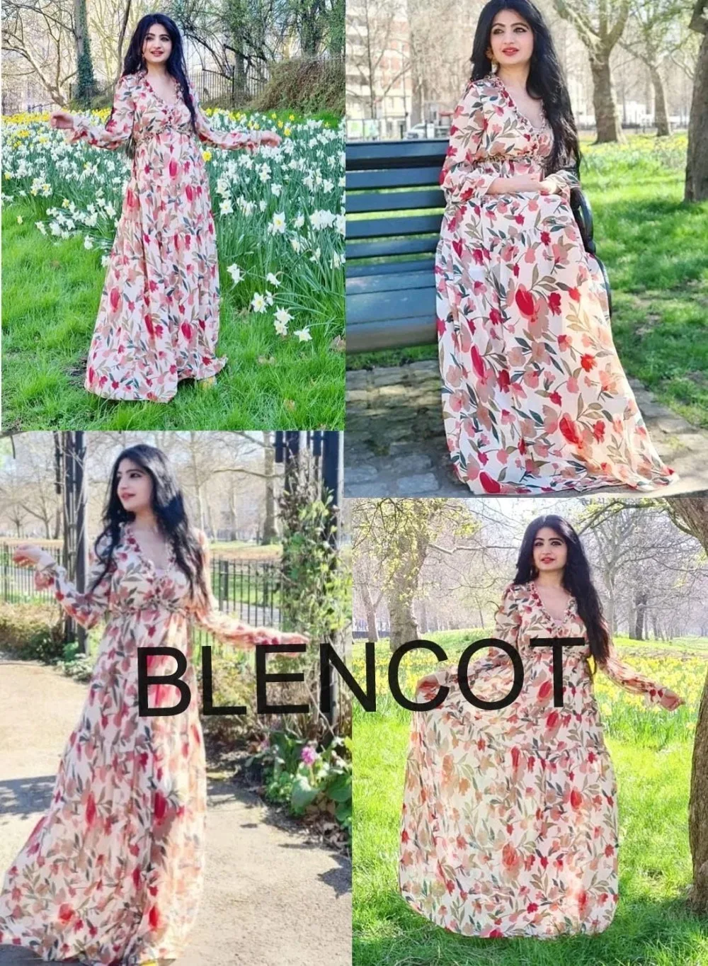 Elegant Womens Casual Boho Deep V Neck Print Long Dress 100% Polyester