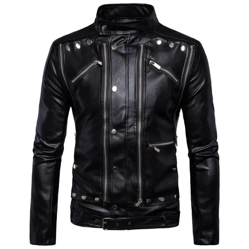 MaiDangDi European and American Fashion Trend Solid Color Standing Collar Men Motorcycle Multi Zipper Men's Leather Jacket