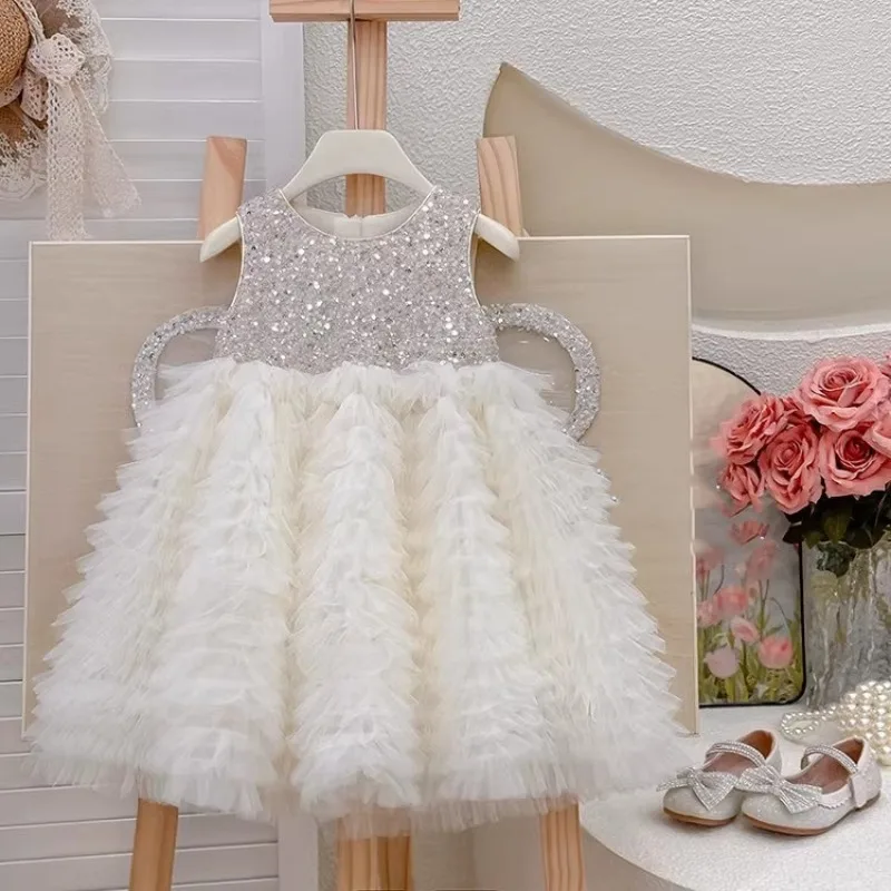 Girl's sequined princess dress 2025 new spring and summer outfit, children's fluffy wing dress, angel veil dress