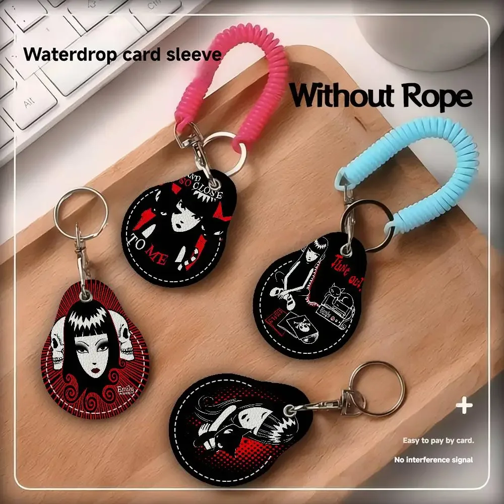 Anime Girl Emily The Strange 1PCS PU Leather Keychain Protective Case Door Lock Access Control Tags Card Bag Key Tag Ring