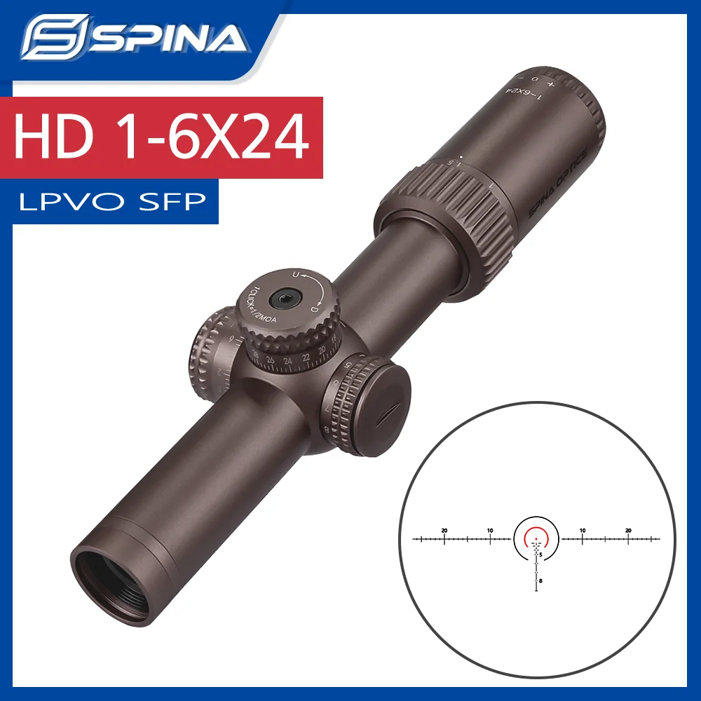 SPINA OPTICS Tactical LPVO 1-6x24 Short Dot Sight Quick Aiming Shooting Hunting Rifle Scope Riflescope AR15 PCP Carbine