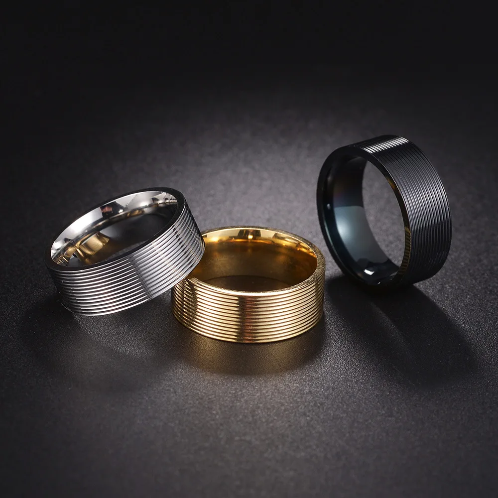 Hot selling explosive men's jewelry threaded 8mm titanium steel ring vacuum plating finger ring jewelry gifts