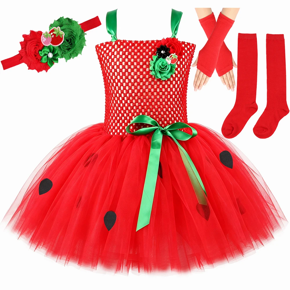 Red Strawberry Tutu Dress Costume Kids Halloween Carnival Perform Fruit Dress Up Clothes Girls Christmas Birthday Party Dresses