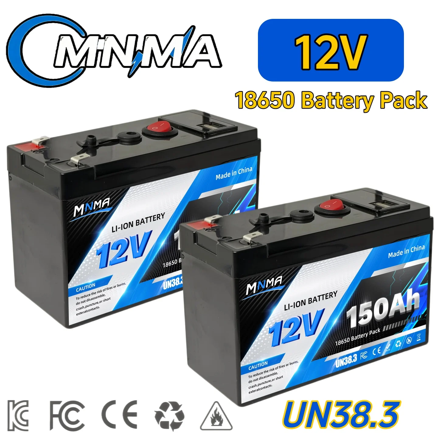 

18650 lithium-ion battery pack 12V 150Ah 2pcs rechargeable batteries (UN38.3) for solar energy storage, fish detectors, MNMA