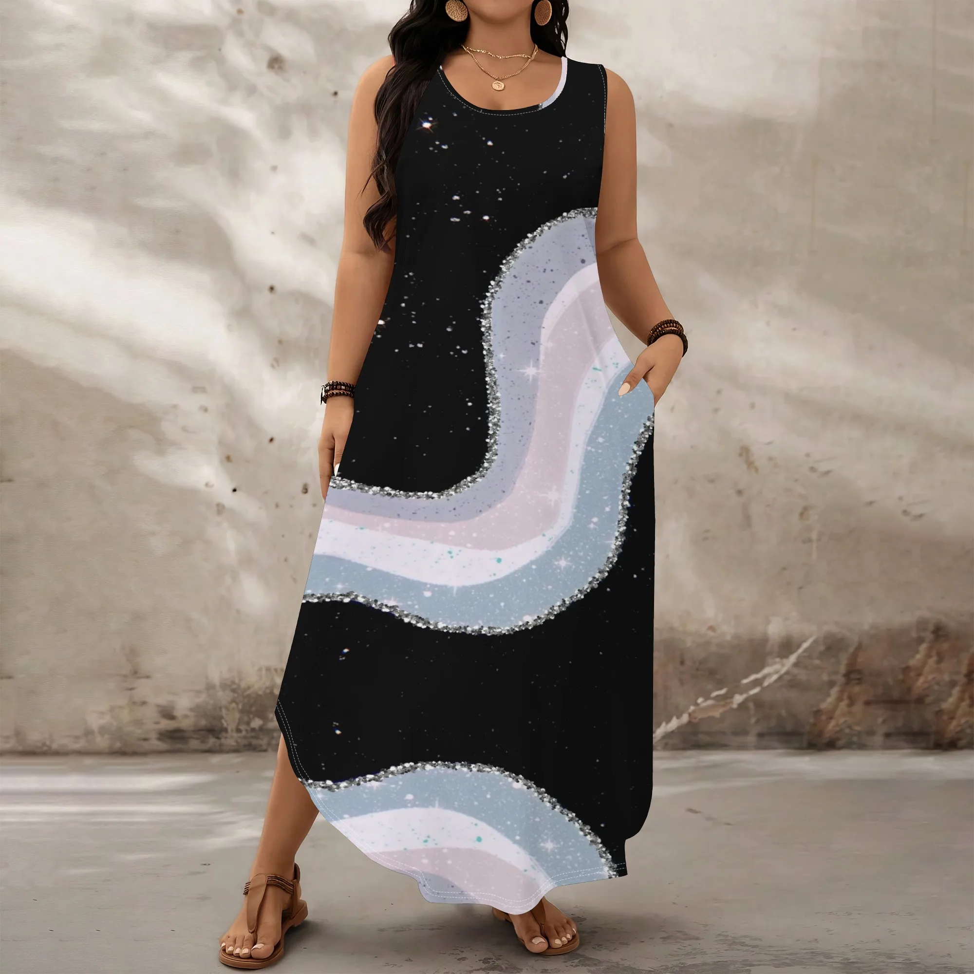 

Glitter Wave Print Plus Size Dress XL‑6XL Sleeveless Loose Fit Maxi Style for Night Out, Art Event or Summer Street Fashion Look