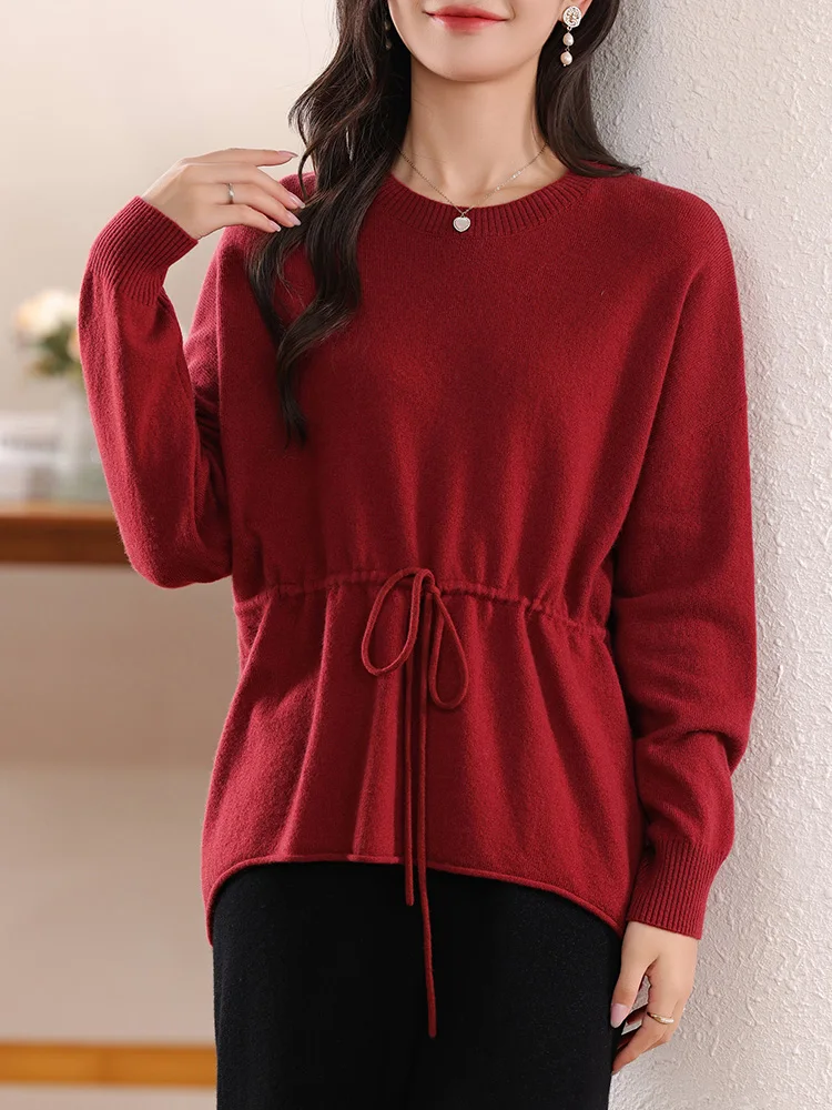 Women\'s Large Size 100% Pure Wool Sweater Autumn New Knitted Pullover Fashion Loose Frenum Blouse O-Neck High-End Irregular Tops