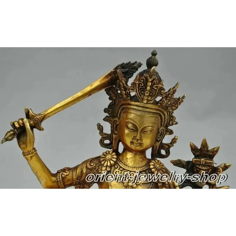 Old tibet buddhism bronze gilt Manjushri Bodhisattva hold Sword buddha statue