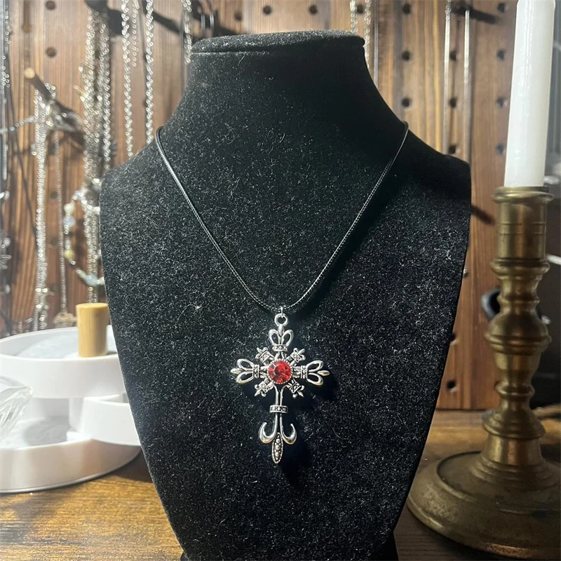 

Gothic Crown Cross Pendant Necklace with Red Gem Stone, Black Cord Chain for Women Men Punk Jewelry