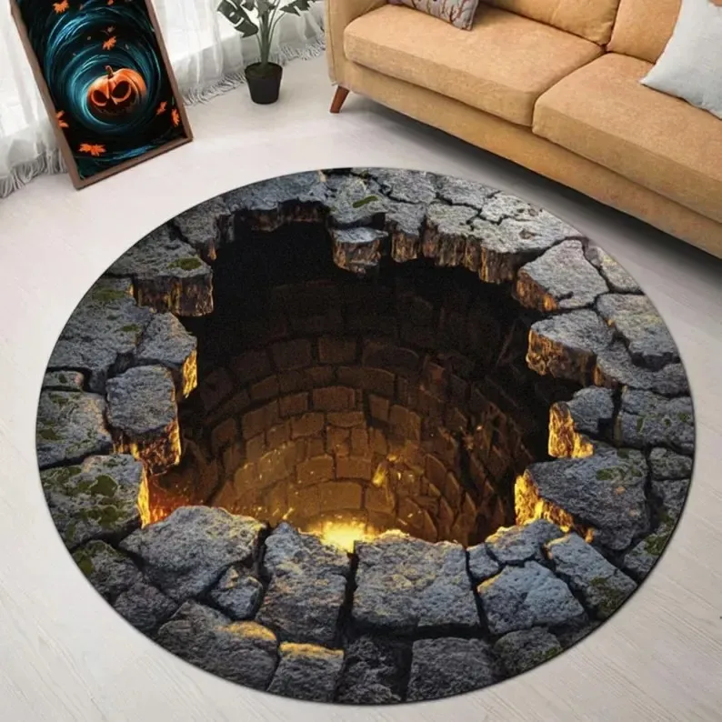 VIKAMA 3D Cracked Lava Pit Round Rug Volcano Optical Illusion Non Slip Gaming Room Creative Floor Decor Mat
