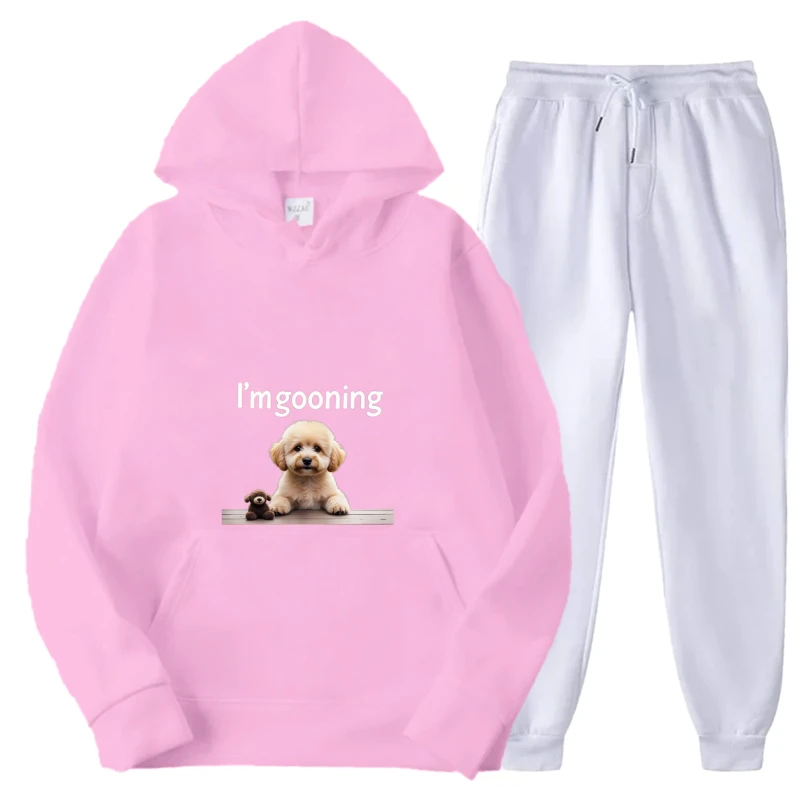

Комплект с капюшоном, розовая толстовка с милым принтом собаки, толстовка и джоггеры для повседневной носки и удобной одежды