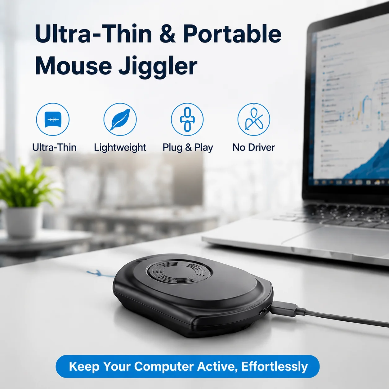 Mouse Jiggler, Ultra Slim, 20dB Noiseless, Undetectable Mouse Mover Simulates Realistic Movement, Driver Free Shaker
