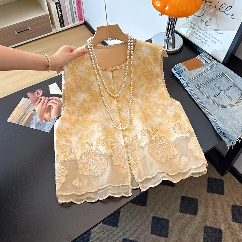 New Chinese Style Embroidered Lace Net Patchwork Women's Vest 2026 Autumn Fashion Versatile Layering Cotton Lyocell Blend
