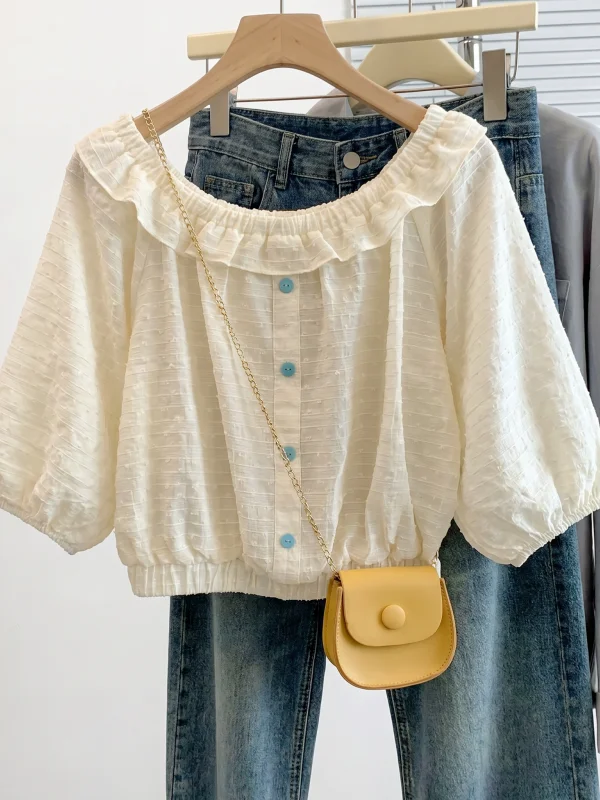 

Summer New plus Size Doll Shirt Women's Short Sleeve Lantern Sleeve Blouse Commute Style Korean Version Loose Fit round Neck
