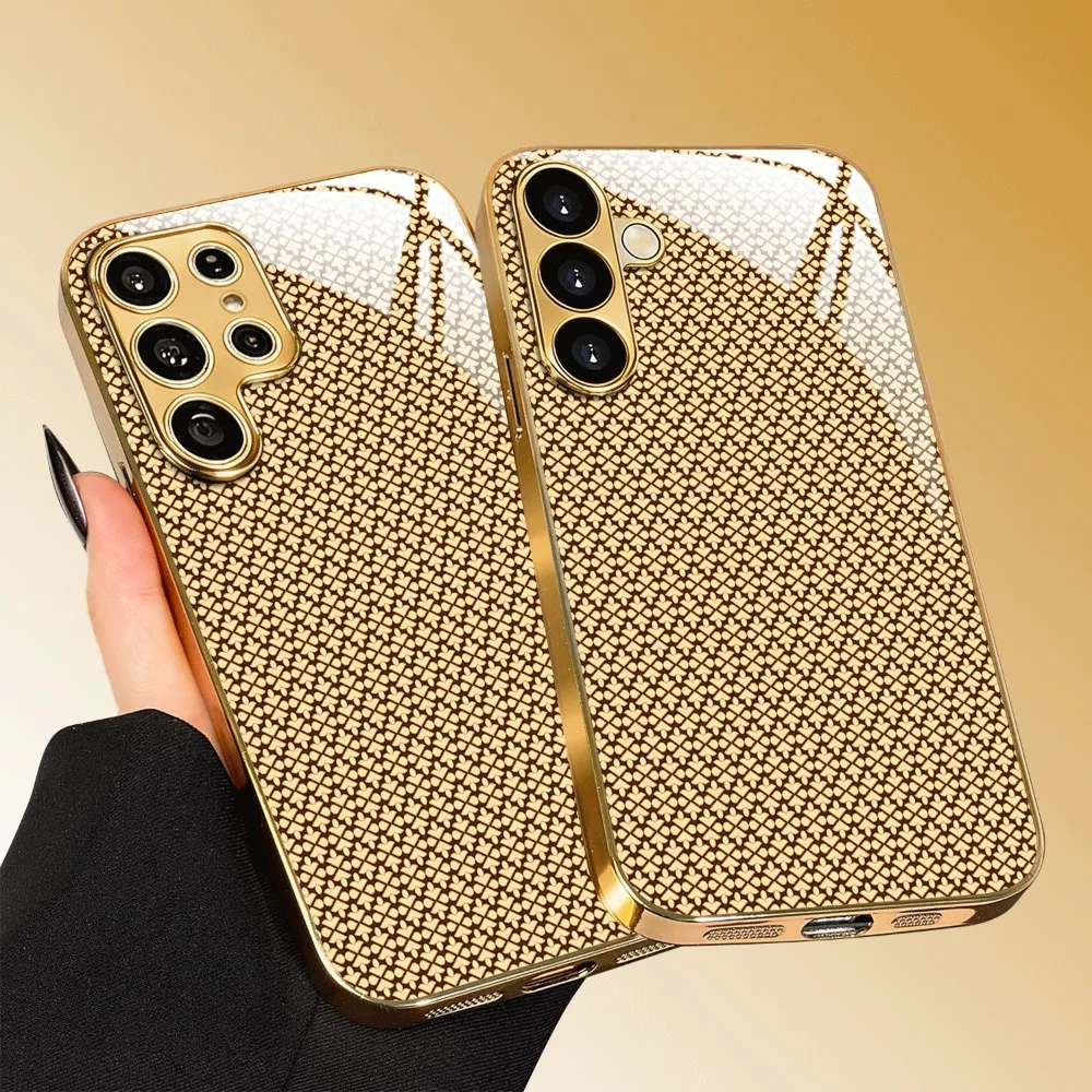 Light gold geometric pattern design glass phone case suitable for Samsung Galaxy S26 S25 S24 S22 S21 S20 FE/Ultra/Plus hard case