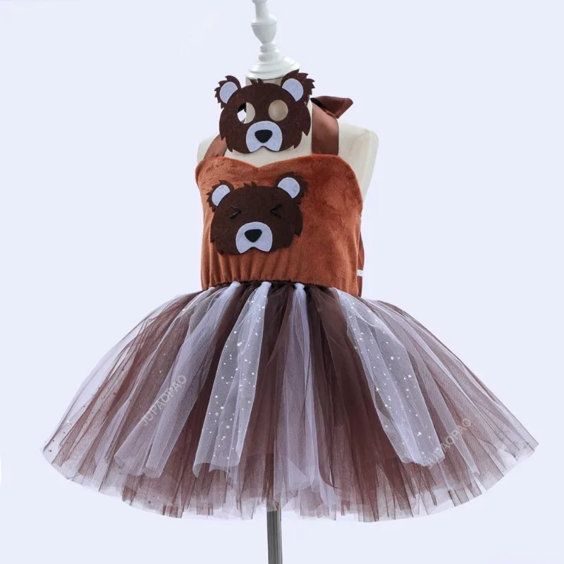 New Models Kids Girls Halloween Dress Up Cosplay Animal Theme Party Brown Bear Handmade Mesh Tutu Dress With Matching Hair Hoop