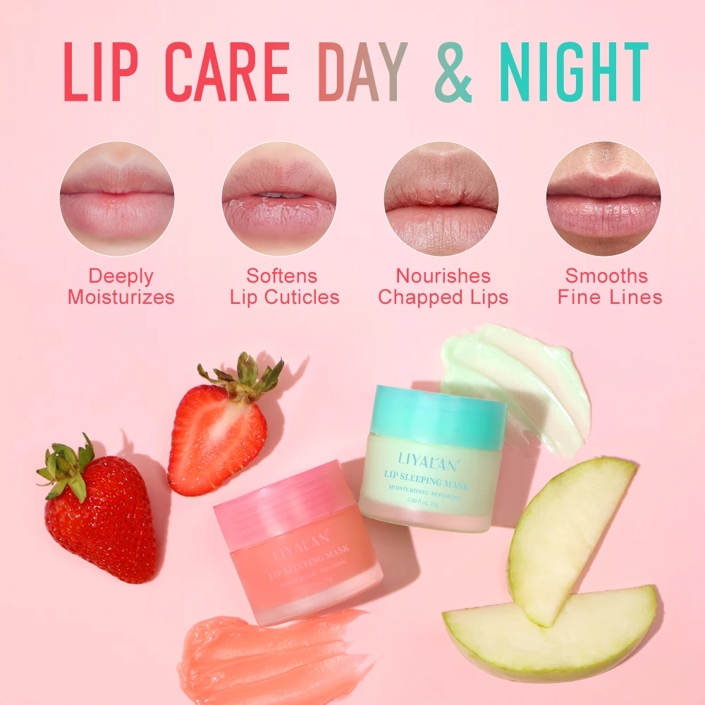 Liyalan Lip Slaapmasker Nachtlipverzorging Collageen Vochtinbrengende Crème Gladde Droogheid Voedende Lip Lijn Crème Fruit Roze Lippenbalsem 25G