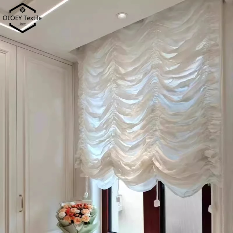 

French Cream Pleated Gauze Curtains for Living Room Bedroom Balcony Translucent Opaque Water Wave Curtains Up and Down Pull