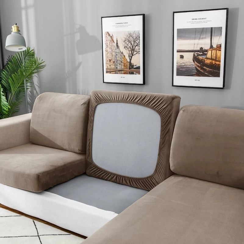 ARMFAVER Velvet Fabric Sofa Cushion Cover Elastic Couch Slipcover L Shaped Sofa Seat Cover Armchair Cover Lounge for Living Room