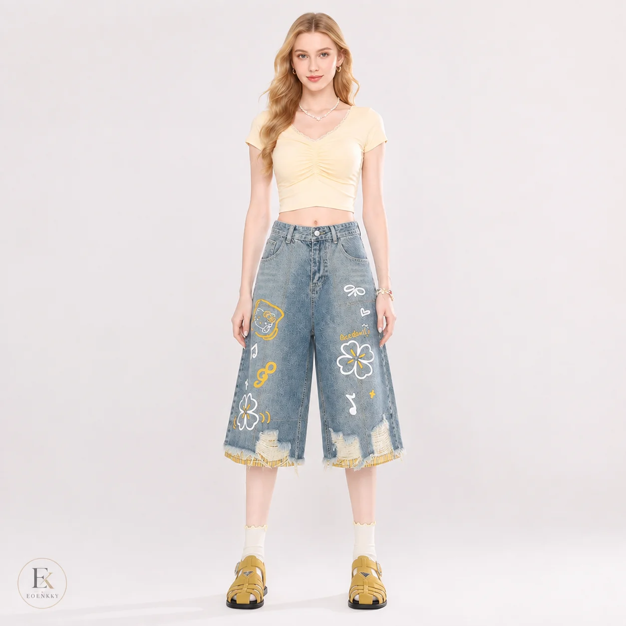 Women High Waist Wide Leg Cropped Jeans Cartoon Print Distressed Denim Culottes Plaid Patchwork Summer Casual Pants