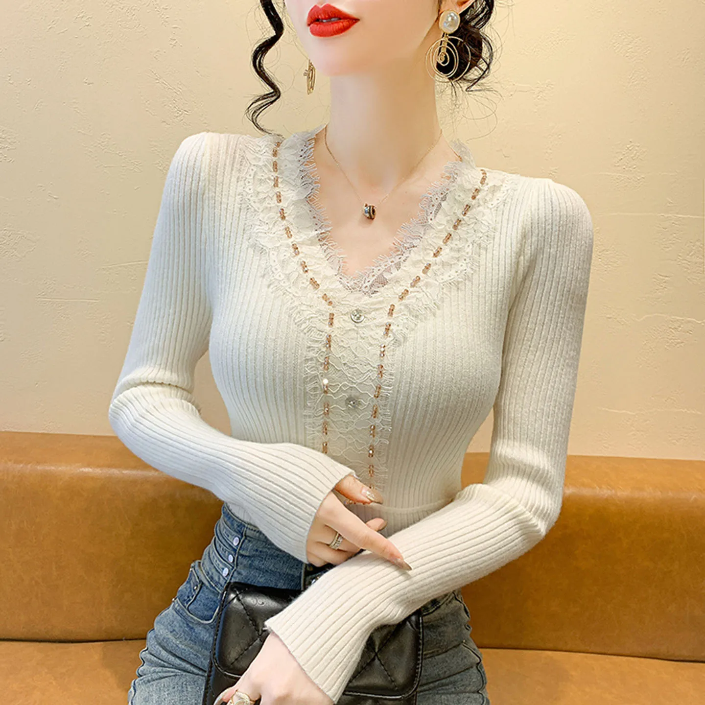 

Женский кружевной трикотажный топ с V-образным вырезом и длинными рукавами, облегающий, для осени и зимы, мода 2025, новинка