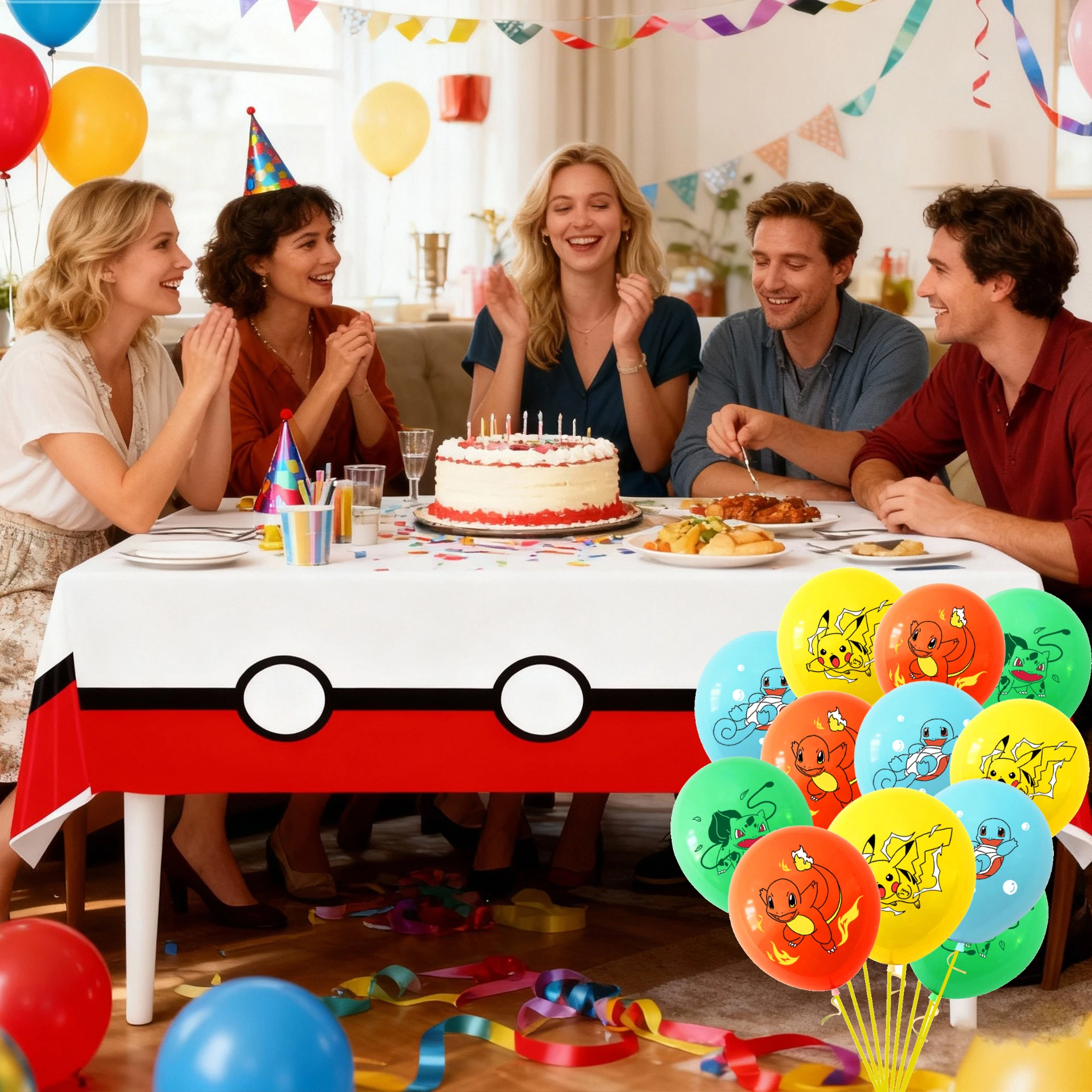 Decoraciones para fiestas temáticas de Pokémon, manteles desechables con diseño de Poke Ball, globos bonitos de Pikachu, suministros para fiestas de cumpleaños, regalos sorpresa