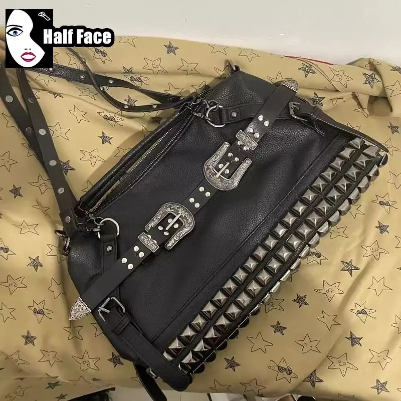 Y2K Girl Harajuku Gothic Handbags Carved Leather Buckle Large Capacity Punk One Shoulder Fashion Rivet Women Crossbody Bags Tote