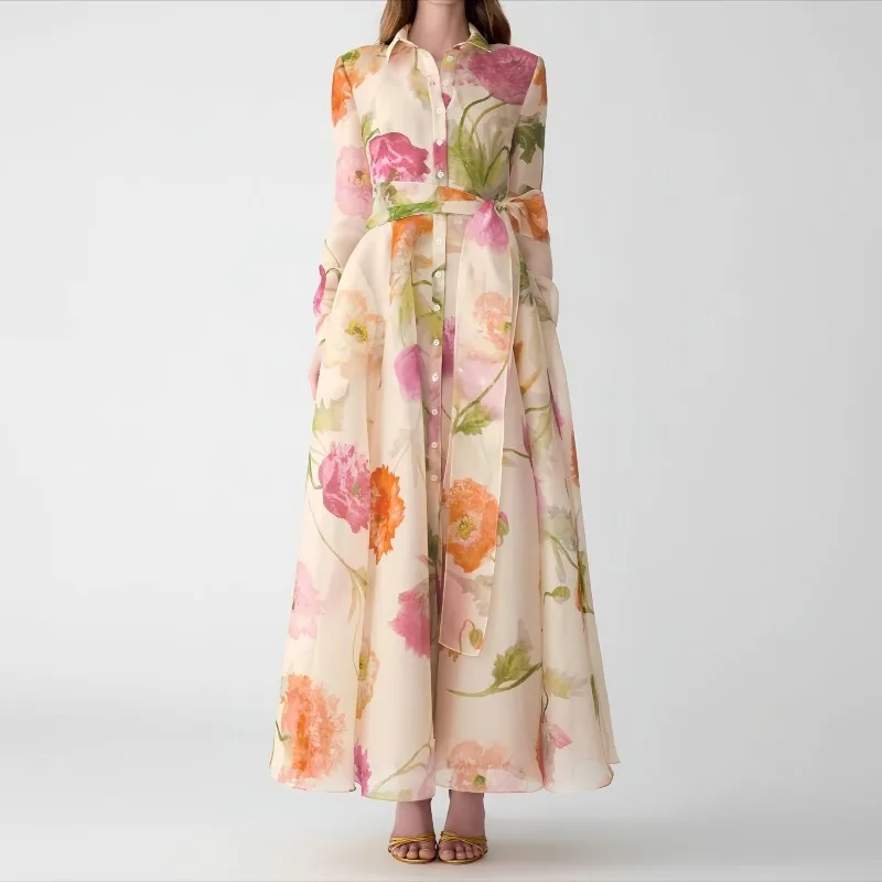 European and American Printed Shirt Long-sleeve, Slim-fit Waist-cinching Tie Dress, High-waisted Extra-large Hem Long Skirt 2026