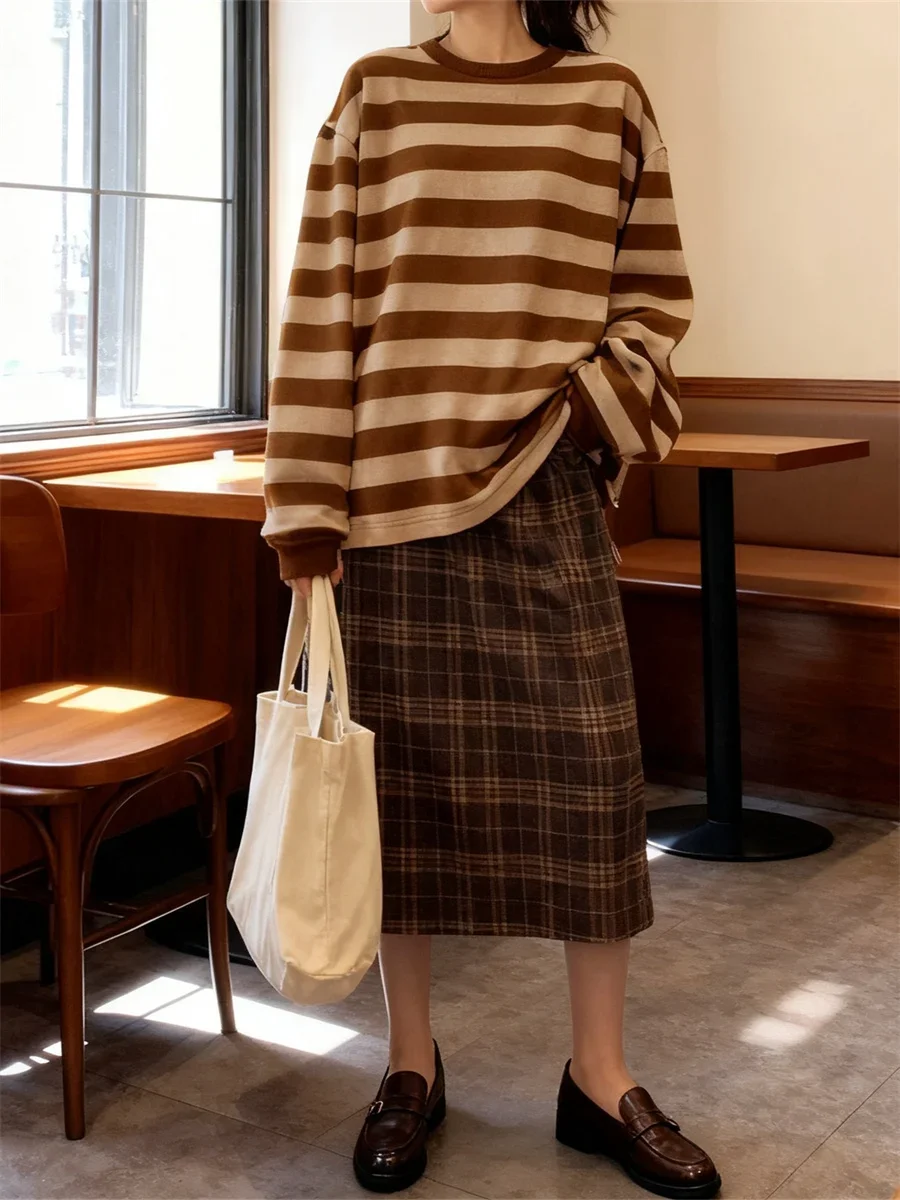 Para uso diario Casual Otoño Invierno sudaderas con capucha mujeres sudaderas sueltas manga larga cuello redondo jerseys a rayas Tops jerseys