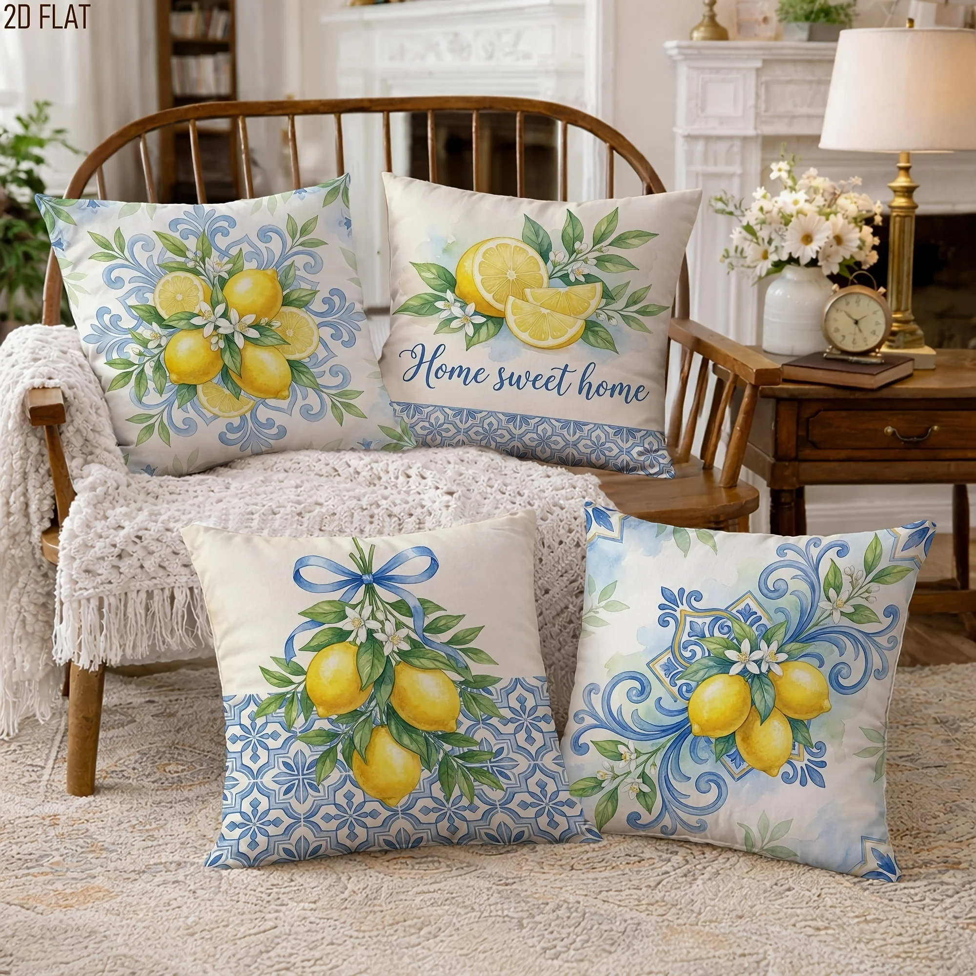 Set of 4 Lemon Floral Throw Pillow Covers Spring Decor Cottagecore Farmhouse Accent Pillows for Sofa Home Sweet Home Refreshing
