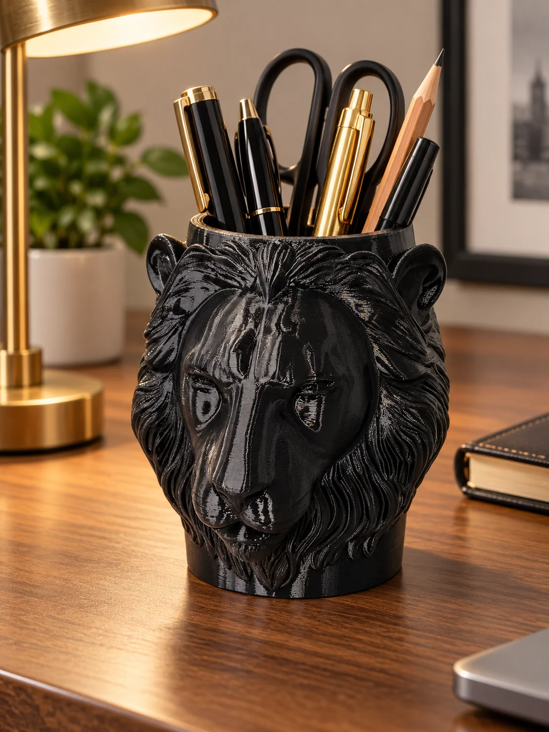 3D Printed Black Petg Lion Head Pen Holder with Rough Animal 3D Relief Details, Textured Surface with High-Quality Finish, Modern Gothic Dark Luxury Style, Masculine Creative Art Desktop Organizer, Pencil Holder, Makeup Brush Organizer, Vanity Table Organizer, Stationery Storage Cup, Both Aesthetically Pleasing and Functional, Easy to Access, Say Goodbye to Clutter, Quick and Easy Retrieval, Essential for Small Spaces, Suitable for Office, Study, and Vanity Tables in Various Settings