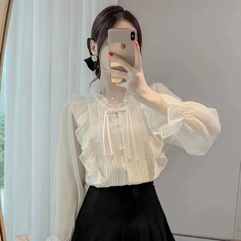 New Chinese Button French Ruffled Lace Gentle Chiffon Shirt 2024 Summer Fashion Temperament New Design Small Shirt Stylish Top