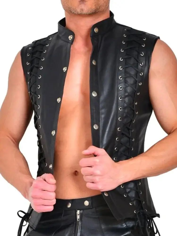 Sleeveless Faux PU Leather Tank Tops Single Breasted Tanktop Punk Eyelets Rivets Waistcoat Hot Shapers Mens Muscle Bodybuilding