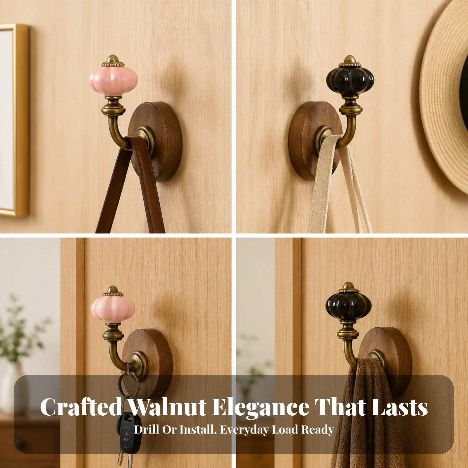 Single Wall-Mounted Coat Hook Two-Method Installation Wall Hook with Walnut Wood Base Walnut Wood Coat Hooks Space-Saving Sturdy