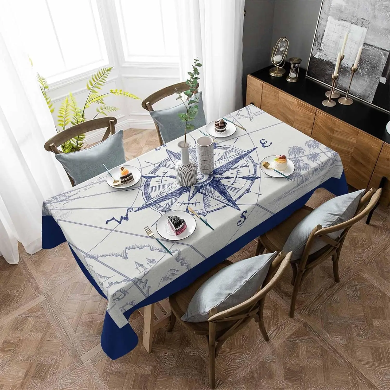 Vintage Sailing Map Compass Polyester Rectangle Tablecloth Tabletop Decor Reusable Kitchen Dining Tablecloth Holiday Party Decor