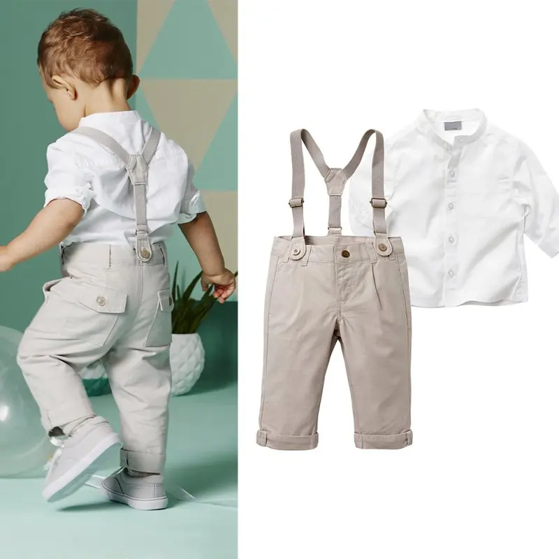 Boys Stand Collar White Shirt + Suspenders Suit Boys Trend Top Wedding Flower Child Shirt Clothing Children\'S Suit