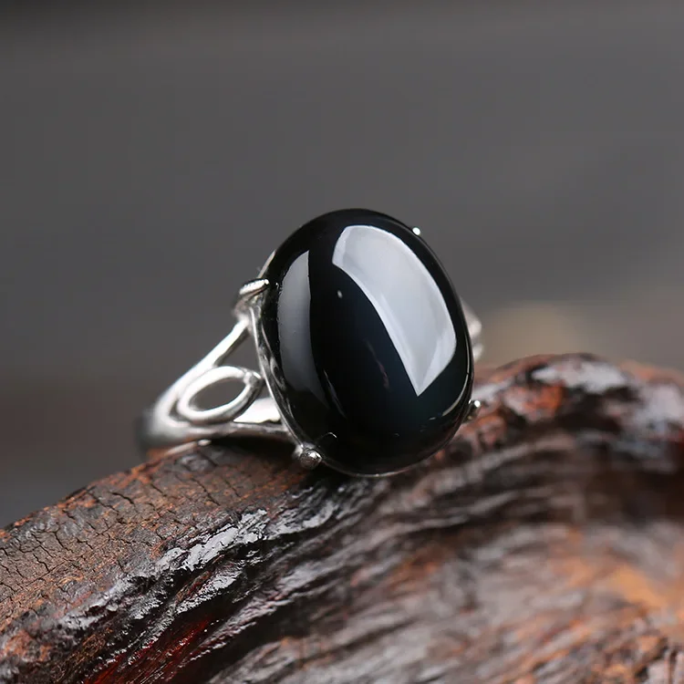 Natural Obsidian Ring For Men Women Silver Jewelry Fashion Opening Couple Korean Edition Rich and Noble Paired with Energy Gifts