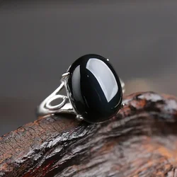 Natural Obsidian Ring For Men Women Silver Jewelry Fashion Opening Couple Korean Edition Rich and Noble Paired with Energy Gifts