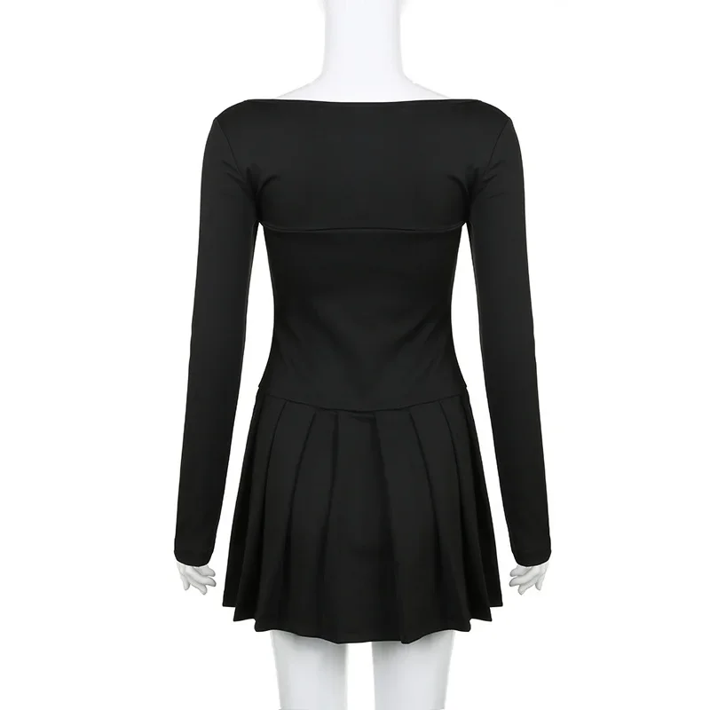 Square Collar Elegant A-line Dresses Long Sleeves Lace-up Cute Pullovers Sexy Korean Y2K Party Chic Mini Dresses