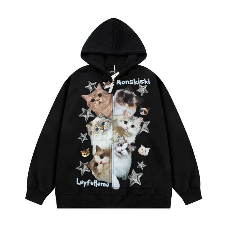 Y2k Vintage High Street Hoodie Männer Retro Katze Drucken Zip Up Langarm Lose Jacke Mäntel Casual Gothic Mit Kapuze Sweatshirt ropa