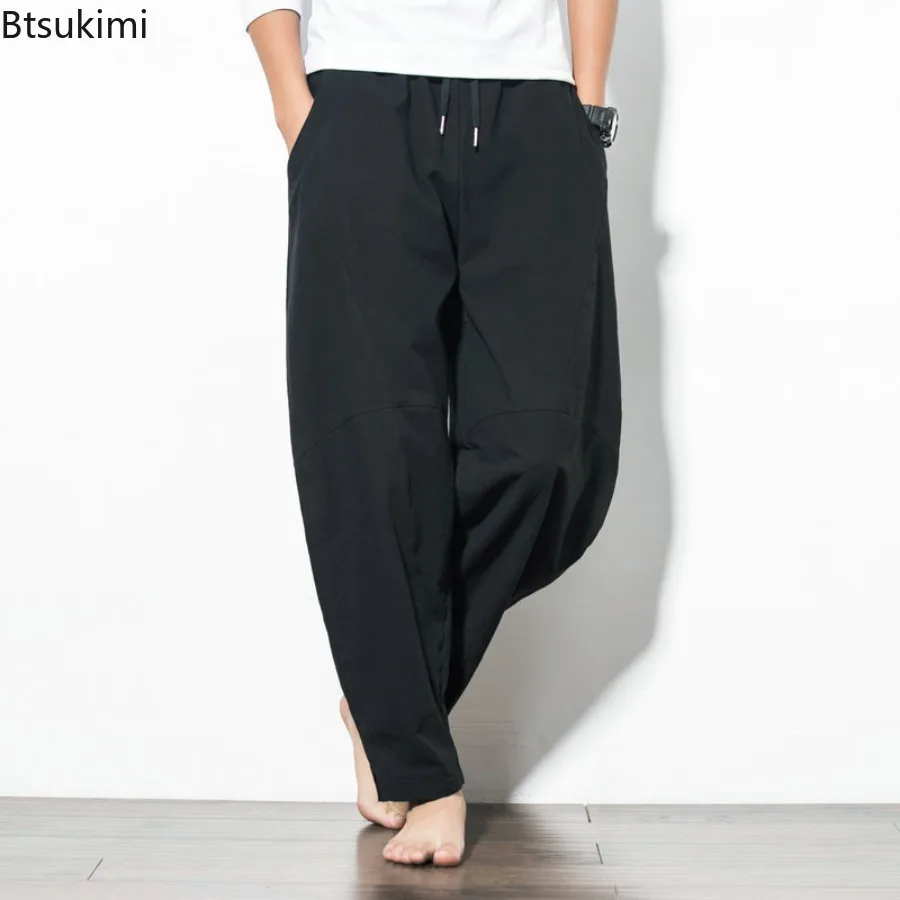 New Men's Chinese Style Cotton Linen Harem Pants Spring Summer Vintage Casual Hip Hop Baggy Trousers Male Wide Leg Joggers Pants