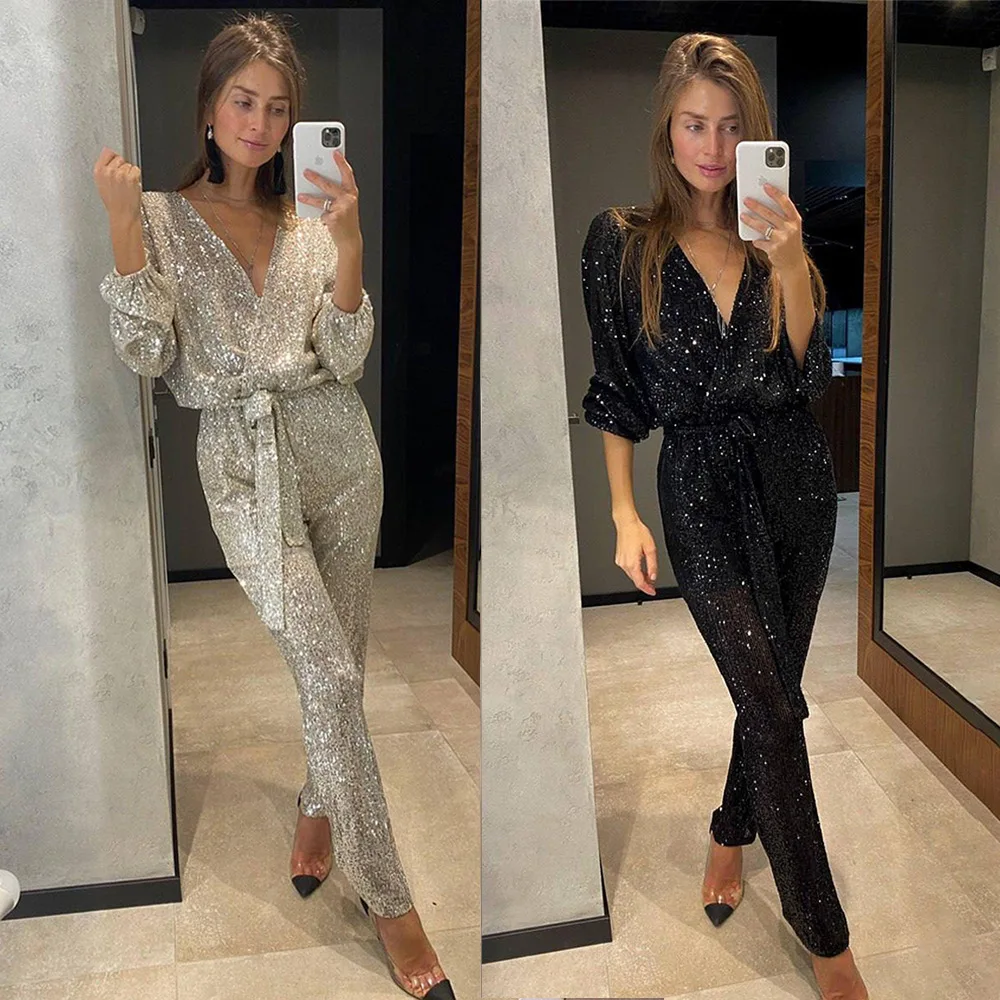 

Fashionable Sequined Jumpsuit Women's High Waist Long Sleeve V-Neck Shiny Beads Waist-Cinching One-Piece Suit Commute Style